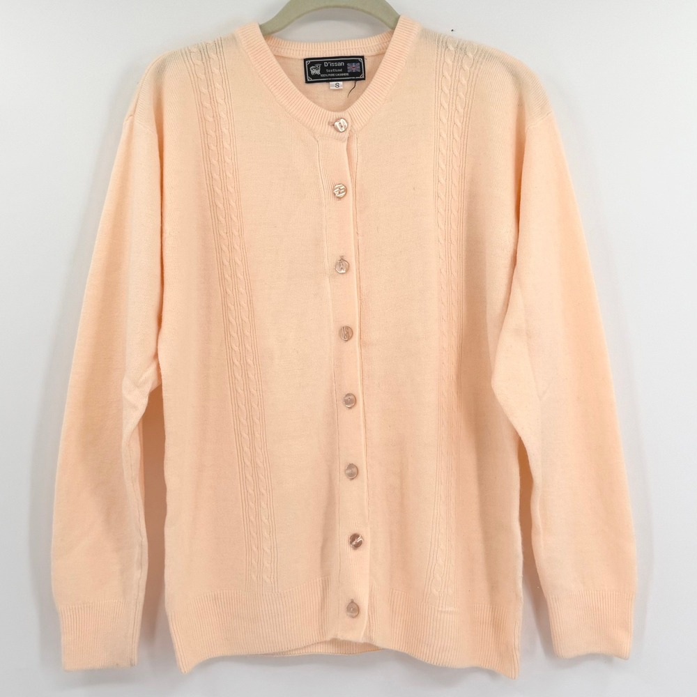 100% Cashmere Peach Orange Vintage D'Isaan Made In Scotland Cardigan Sweater S